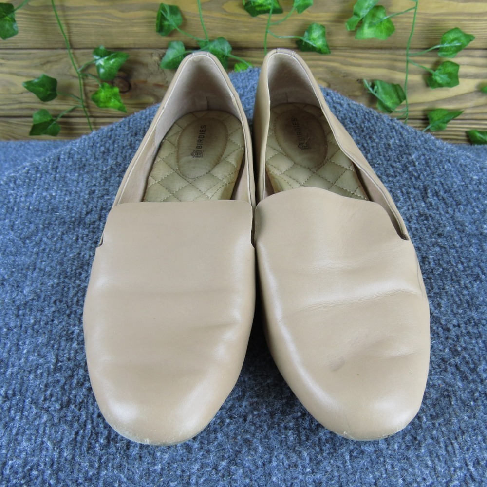 Birdies Beige Leather Loafers Women 8.5 Slip-On Comfort Quilted Flat Shoes - Picture 2 of 7